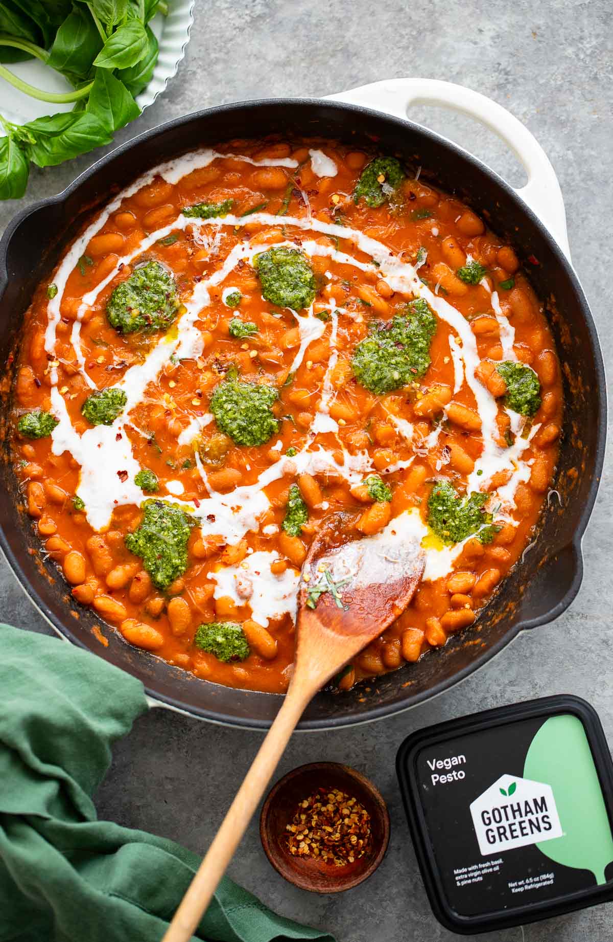 Tomato Alla Vodka Skillet Beans with Pesto