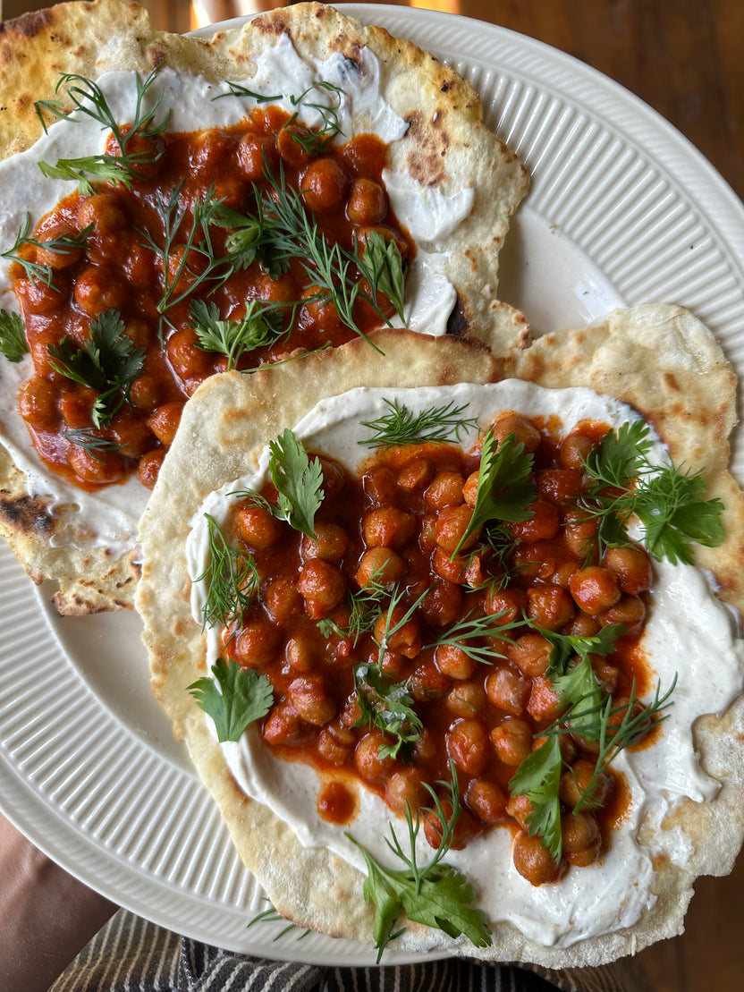Alexis deBoschnek for Heyday Harissa Lemon Chickpeas with Flatbread