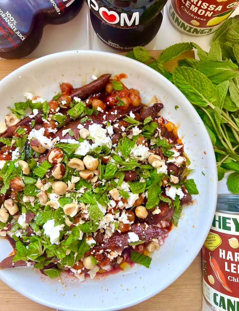 Pomegranate Glazed Sweet Potatoes & Harissa Lemon Chickpea Bowl